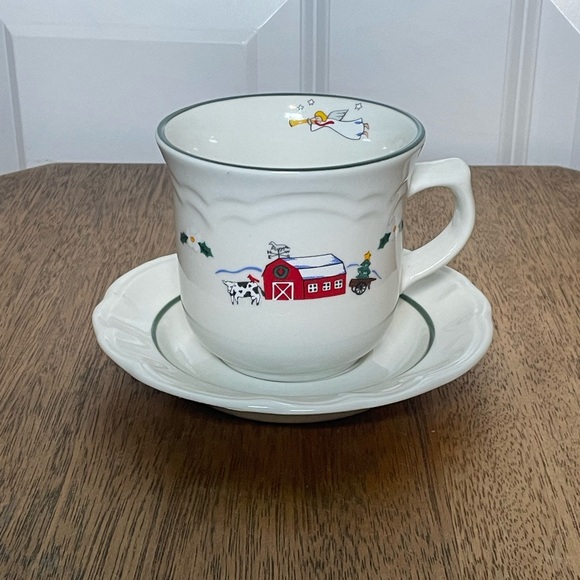Pfaltzgraff Other - Pfaltzgraff White Mug and Saucer with Red Barn Holiday Design